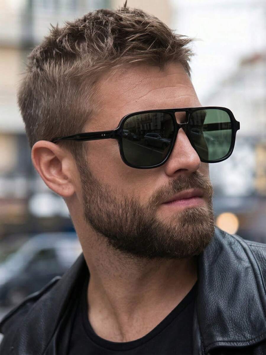 1 Pair Men's Black Pilot PC Frame Retro Double-Bridge Casual Fashionable Fashion Glasses - Black - View 1