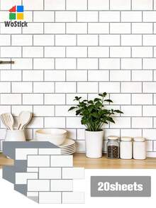 Bộ 4/10/20 miếng dán tường hình gạch tàu điện ngầm 3D bóng, có thể tháo rời, bằng vinyl tự dính, thích hợp trang trí nhà bếp, sinh nhật, lễ tốt nghiệp. - Viền màu xám trắng - Xem 12