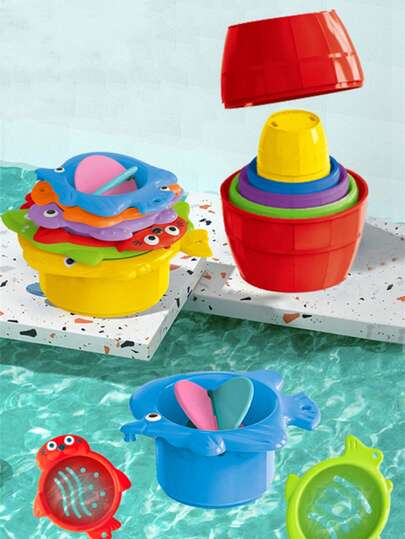 Juego de juguetes para la playa y el baño, juego de apilamiento de vasos para el reconocimiento de colores y formas para la educación temprana de niños (sin batería requerida, todos los colores de los accesorios son aleatorios)