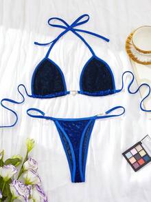 两件套女士蓝色豹纹性感内衣套装，模糊豹纹印花，系带后背文胸，心形金属装饰，薄纱花卉面料浪漫内衣套装 - 藍色 - 查看 5