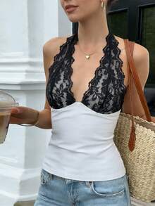 Fuleiya Summer Black & White Contrast Lace Patchwork Backless Halter Neck Casual Top, Suitable For Dates, Vacations, Travels - White - View 4