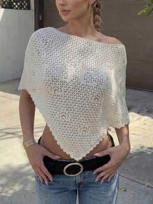 Camicetta da donna con design asimmetrico, scollo asimmetrico e orlo asimmetrico, in stile chic da vacanza, di colore beige e con dettagli traforati, adatta per la primavera/estate - Beige - Visualizzare 2