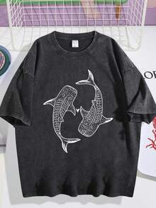 Graphic Tees Casual Short-Sleeved T-Shirt-Black Blue Whale And Shark Marine Ecosystem Print, Loose Round Neck, Machine Washable Four-Season Comfortable Top, Summer Dress, Natural Inspiration Pattern, Soft Fabric. - 黑色07 - 查看 1