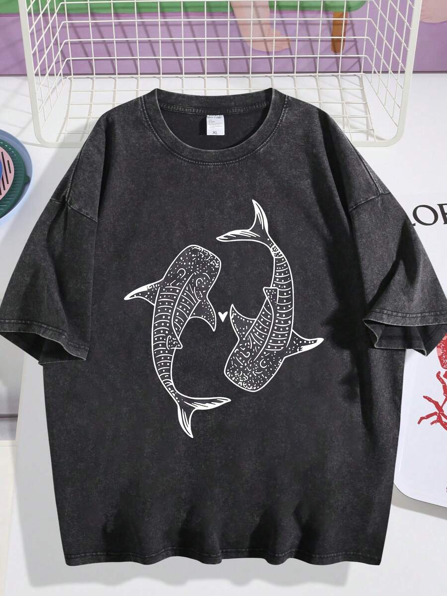 Graphic Tees Casual Short-Sleeved T-Shirt-Black Blue Whale And Shark Marine Ecosystem Print, Loose Round Neck, Machine Washable Four-Season Comfortable Top, Summer Dress, Natural Inspiration Pattern, Soft Fabric. - 黑色07 - 查看 1