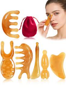 Set de 3/5/6/7 piezas de herramientas de masaje facial y belleza, incluye masajeador facial, tabla Gua Sha, peine de masaje para la cabeza, masajeador de nariz y ojos, rascador de espalda, adecuado para uso doméstico de mujeres, gran regalo - Multicolor - Ver 1