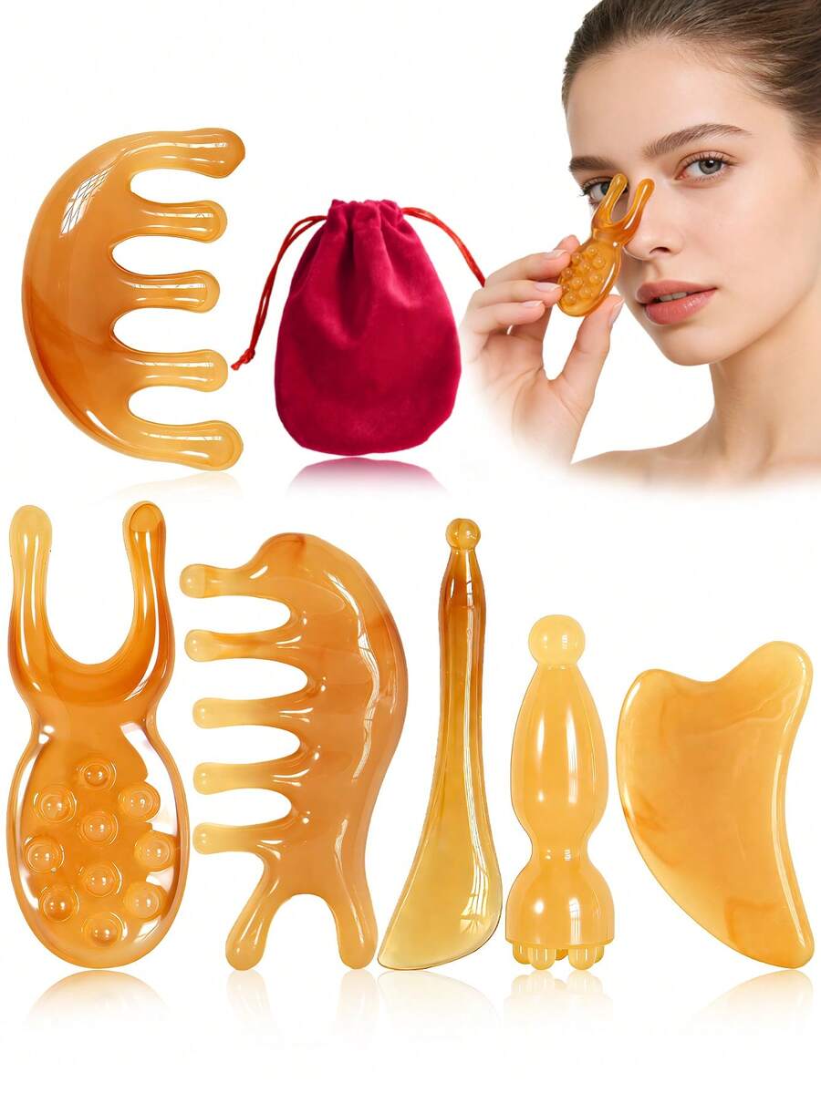 Set de 3/5/6/7 piezas de herramientas de masaje facial y belleza, incluye masajeador facial, tabla Gua Sha, peine de masaje para la cabeza, masajeador de nariz y ojos, rascador de espalda, adecuado para uso doméstico de mujeres, gran regalo - Multicolor - Ver 1