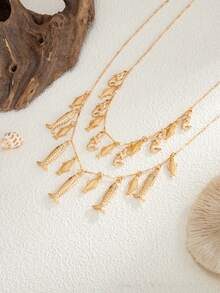 3pcs Bohemian Style Metal Ocean Animal Pendant Multilayer Necklace, Creative Fashion Metal Fish Tassel Necklace, Suitable For Women's Daily Wear, Summer Beach Holiday Jewelry Set - Yellow Gold - View 5