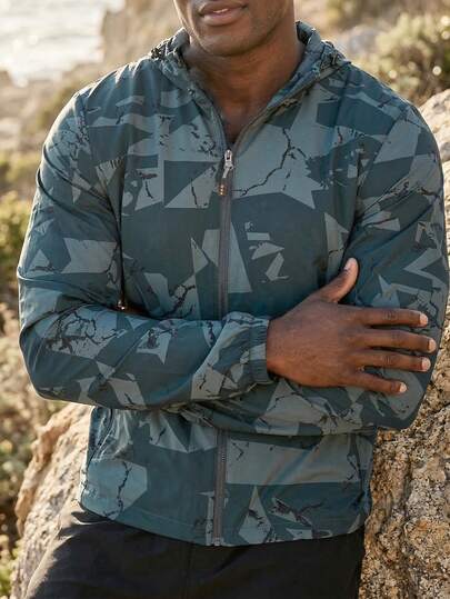 1pc Moisture-Wicking Hooded Outdoor Casual Jacket, Lightweight Geometric Print, Suitable For Daily Outdoor Activities, Running, Hiking, Cycling In Summer, Washable Men's Jacket