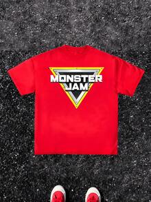 Triangle Warning Sign Graphic Symbolizing Strength And Power With Bold Monster Jam Lettering Giving Energetic Street Vibe 1Pcs Plus Size Men's 100% Cotton Tshirt - 紅色 - 查看 8