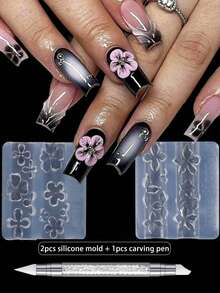 3件套3D立体花朵美甲模具套装，含雕刻笔，可重复使用硅胶美甲雕刻模具，适用于DIY美甲，凝胶亚克力美甲雕塑模板，美甲工具 - 彩色 - 查看 1