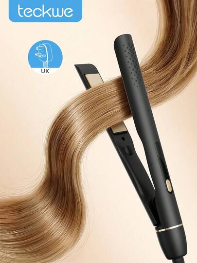 Teckwe 快速加热可调温直发器和卷发器，双电压，钛板平板夹，减少毛躁，使头发更亮泽顺滑，适合旅行和家庭使用，黑色 - 英国插头