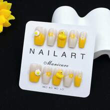 10片手工美甲贴纸套装，芥末黄短梯形，香氛法式美甲贴纸，美甲贴纸，新年美甲，情人节美甲，UV凝胶美甲，夏季美甲，日常美甲，优雅设计，高端法式风格，凝胶指甲油，闪粉，猫眼效果，金属光泽按压式美甲贴片 - 芥末黃 - 查看 13