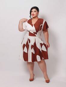 Women's Short Formal Plus Size Dress With Short Sleeves, MORA Prints, Round Style, Evangelical Style, For Church Conferences, Bridesmaids, And Weddings! - 鏽棕色 - 查看 2