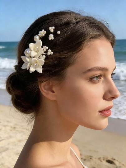 1件装复古花卉印花锌合金珍珠发梳，女士水钻新娘头饰发饰，适合所有季节