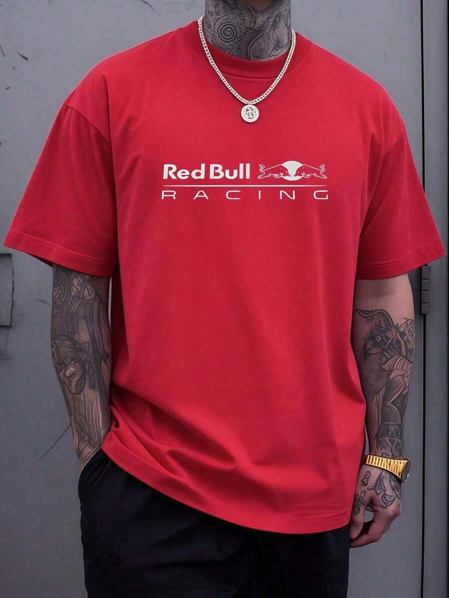 Graphic Features Dynamic Twin Bulls Charging Forward Symbolizing Speed Power And Adrenaline From Motorsport Racing Culture Men 100% Cotton Tee - Red - View 1