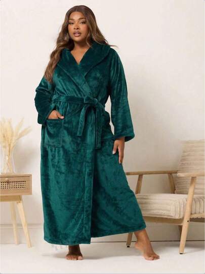 1pc Fashionable Thick Flannel Bathrobe With Pockets, Tie Belt And Lapel Collar, Soft & Comfortable, Plus Size Women Sleepwear
