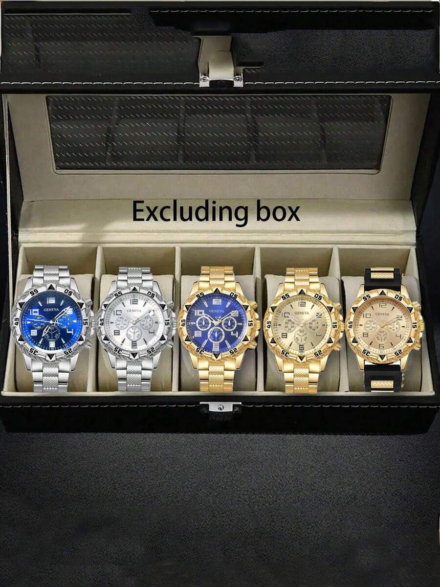 Set 5 Jam Tangan Quartz Pria, Gaya Minimalis, Casing Paduan Bulat, Tali Paduan untuk Bisnis, Set Hadiah Elegan - MultiWarna - View 1