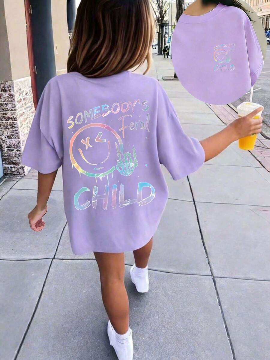 少女热带印花圆领短袖T恤，夏季上衣 - 淡紫色 - 查看 1