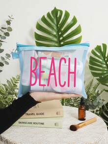 Túi đi biển lưới chống thấm nước thời trang, túi đựng mỹ phẩm in chữ "Beach", chủ đề biển. Túi đựng mỹ phẩm trong suốt dung tích lớn, túi đựng đồ vệ sinh cá nhân bằng nylon có khóa kéo, nhẹ, có thể đựng kem chống nắng, đồ ăn nhẹ, bikini và các vật dụng cần thiết khi đi biển. - Nhiều màu - Xem 5