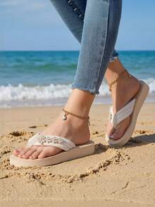 1 par de chanclas minimalistas decoradas con diamante de imitación para adolescentes, cómodas sandalias de playa tipo slip-on, estilo versátil para vacaciones de verano - Beis - Ver 2