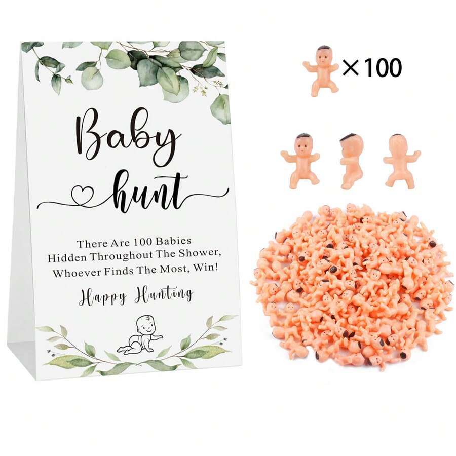 101pcs Bamboo Pulp Fiber Party Game Set - Themed Celebration, Includes 100 Mini Figures And Decorative Shower Hunt Signs, Gender Reveal Party Supplies, Fun Tabletop Game Accessories