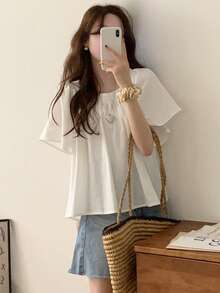 女式纯色休闲短袖束腰外衣 - 白色 - 查看 3