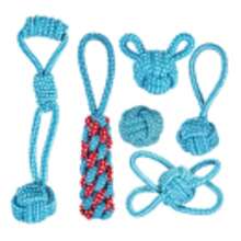 Crazy Tails 六件套组合装磨牙清洁训练玩具礼盒，棉麻绳结咀嚼玩具，适合中大型犬，狗狗绳结玩具 - 藍色 - 查看 1