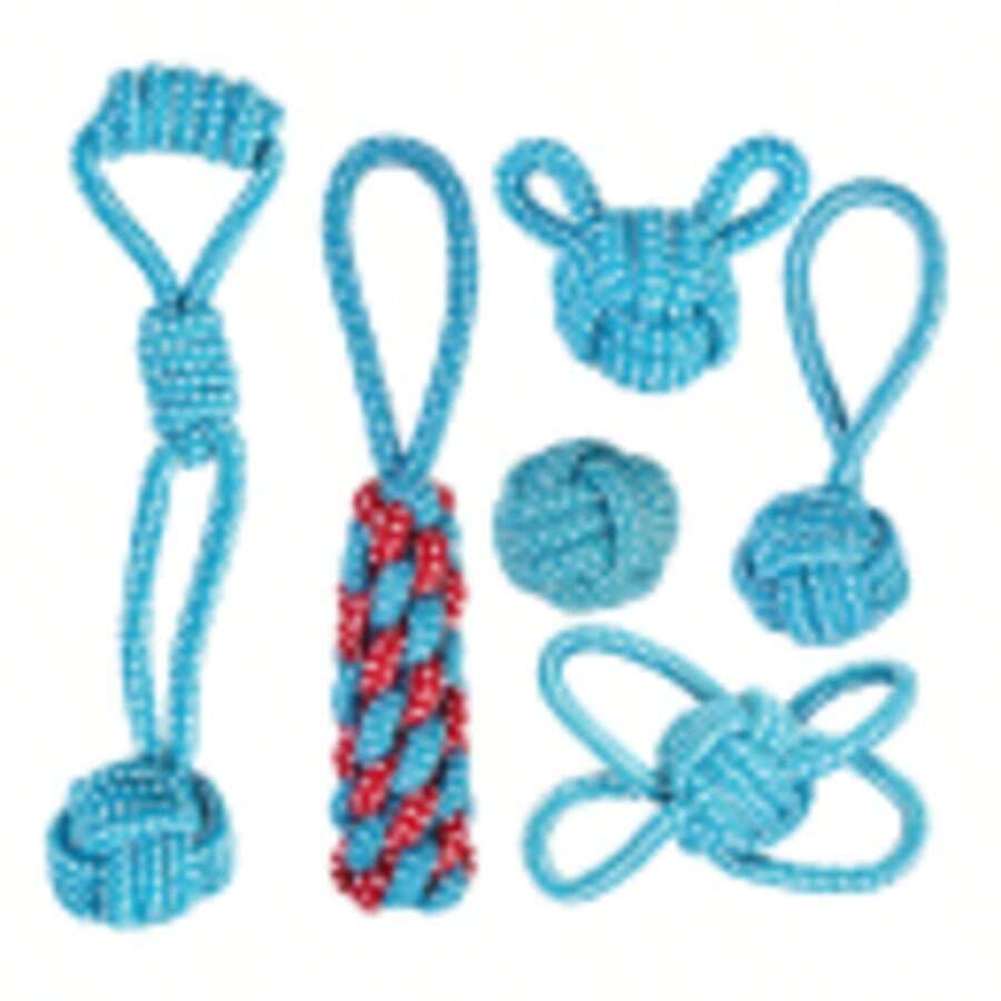 Crazy Tails 六件套组合装磨牙清洁训练玩具礼盒，棉麻绳结咀嚼玩具，适合中大型犬，狗狗绳结玩具 - 藍色 - 查看 1