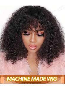 Curly Human Hair Wig With Bangs Short Water Wave Curly Glueless Wigs Bob Wig Human Hair 150% Density Ready To Wear Wigs - Natural Black - View 1