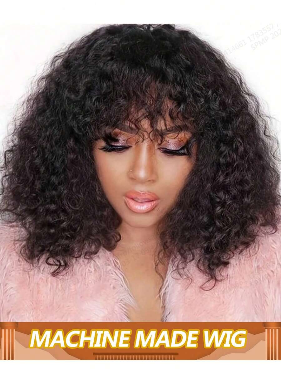 Curly Human Hair Wig With Bangs Short Water Wave Curly Glueless Wigs Bob Wig Human Hair 150% Density Ready To Wear Wigs - Natural Black - View 1
