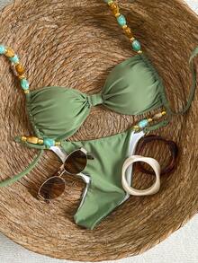 Bikinx Women's Elegant Halter Backless Beaded Bikini Set High Cut Boho Swimwear With Tie Back Details And High Stretch Fabric - Green - View 2