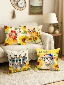 4pcs Farm Animal Sunflower Throw Pillow Covers, Yellow Green Funny Decorative Pillowcases, One-Sided Printing, Country-Rustic Style, Machine Washable, Zipper Closure, Polyester, For Living Room, Bedroom, Sofa, Bed Decor, No Pillow Inserts Included - Yellow - View 4