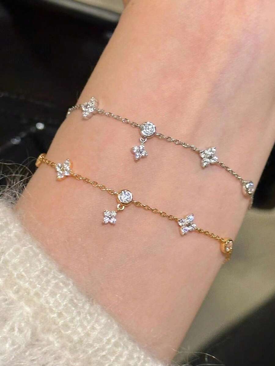 1pc S925 Sterling Silver Fashionable Luxury Niche Exquisite Zirconia Clover Adjustable Bracelet, Suitable For Women's Daily Wear, Gift - Four Leaf Clover - View 1