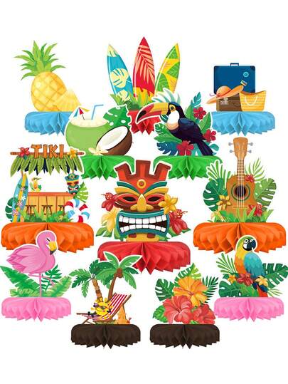 12pcs Hawaiian Luau Party Decorations Set, Aloha Theme Tabletop Decor With Honeycomb Center Pieces, Suitable For Hawaiian Party, Party Center Decor (For Tabletop), Hawaiian Party Tabletop Decor, Tropical Party Decorations, Suitable For Hawaiian Kiki And Luau Style Party.