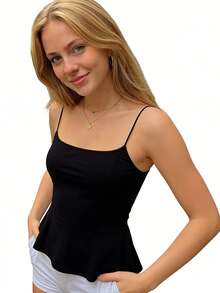 Women's Summer Flared Hem Camisole Sleeveless Open Back Solid Color Cami Tank Tops - Black - View 4