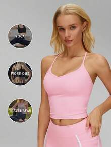 MFVIM 女士裸感运动瑜伽背心，交叉后背紧身瑜伽背心，透气舒适休闲运动T恤，适合跑步、骑行、普拉提、瑜伽、健身房锻炼，多功能女士运动文胸 - 粉色 - 查看 6
