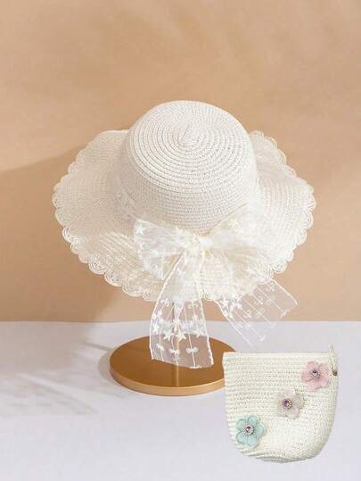 两件套，包括一顶饰有花边装饰的草帽，非常适合春夏季节海滩度假时的户外活动，也是复活节/母亲节的最佳礼物选择。