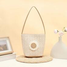 2026 New Minimalist Casual Chic Versatile Sunflower Straw Woven Bucket Bag, Women Tote Handbag For Beach Vacation - Khaki - View 9