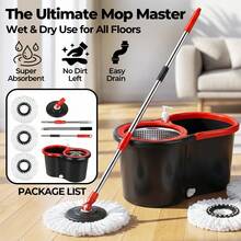 Spin Mop Bucket With Wringer Set, Operable 360 ° Rotating Mop Bucket Set, With 3 Microfiber Replacement Head ,Stainless Steel Mop Bucket 61 Inch Adjustable Handle Household Cleaning Tools Black Plastic - TB-02 - View 3