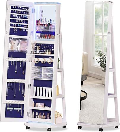 Vlsrka clóset de joyería giratorio de 360° con luz LED de 3 colores,espejo de longitud completa con 4 rodillos,estante de maquillaje plegable y espejo integrado,organizador de joyas de gran capacidad