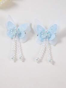 2pcs/Set Girls/Teens Light Blue Sequin Double-Layer Faux Butterfly Hair Clips, Cute Pearl Flower Side Bangs Hairpins, Everyday Use - Baby Blue - View 6