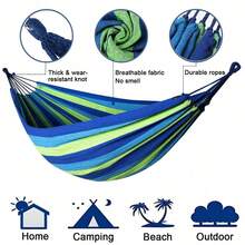 Heavy Duty Woven Rope Hammock, Sturdy Anti-Tipping Design, Suitable For Adults And Children Outdoor Leisure Use, Beautiful Blue-Green Striped, Soft Texture, Perfect For Backyard Napping, Vacation Atmosphere, Outdoor Furniture, Holiday Essential, Gardening, Sensory, Camping Gear - Multicolor - View 4