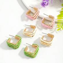 拉菲草缠绕金链耳环，纹理编织C形耳环，女士夏季海滩度假首饰 - 彩色 - 查看 9