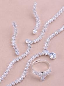 CORUIXI 1 套女士时尚银方晶锆石项链套装，包含泪珠形和马蹄形吊坠，适合婚礼、派对、礼物 - 銀色 - 查看 4