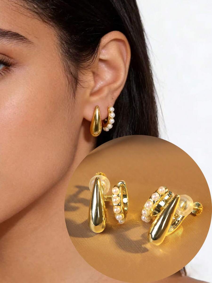 1对时尚新款一体式仿珍珠水滴螺旋夹式耳环，优雅设计，适合女性日常佩戴，节日礼物 - 耳夾 - 查看 1