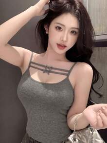 Spring/Summer Bowknot Camisole Top With Padded Bust, Sexy Sleeveless Cropped Tank Top For Women Casual - Gray - View 5