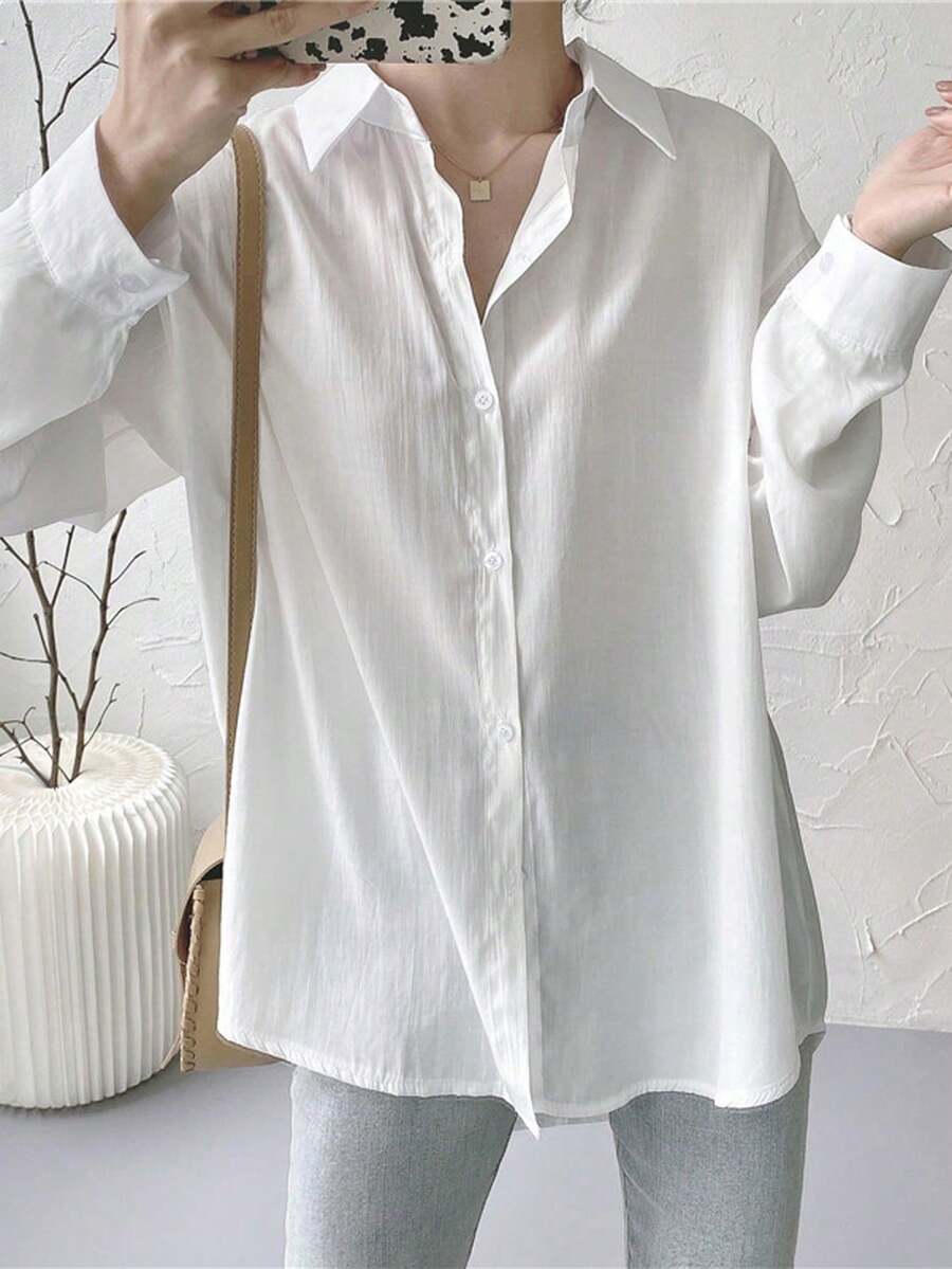 女士纯色简约长袖衬衫，休闲日常穿搭，白色，春季款 - 白色 - 查看 1