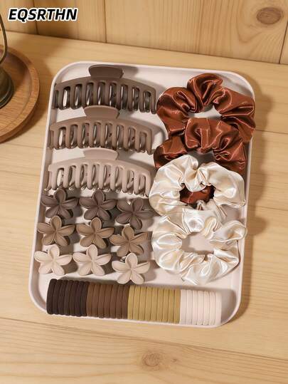 66 Pcs Complete Neutral Hair Accessories Bundle Featuring Large Octopus Clips, Satin Scrunchies, Flower Clips And Hair Ties In Classic Earthy Colors Durable Non-Slip Design Perfect For Everyday Wear And Special Occasions