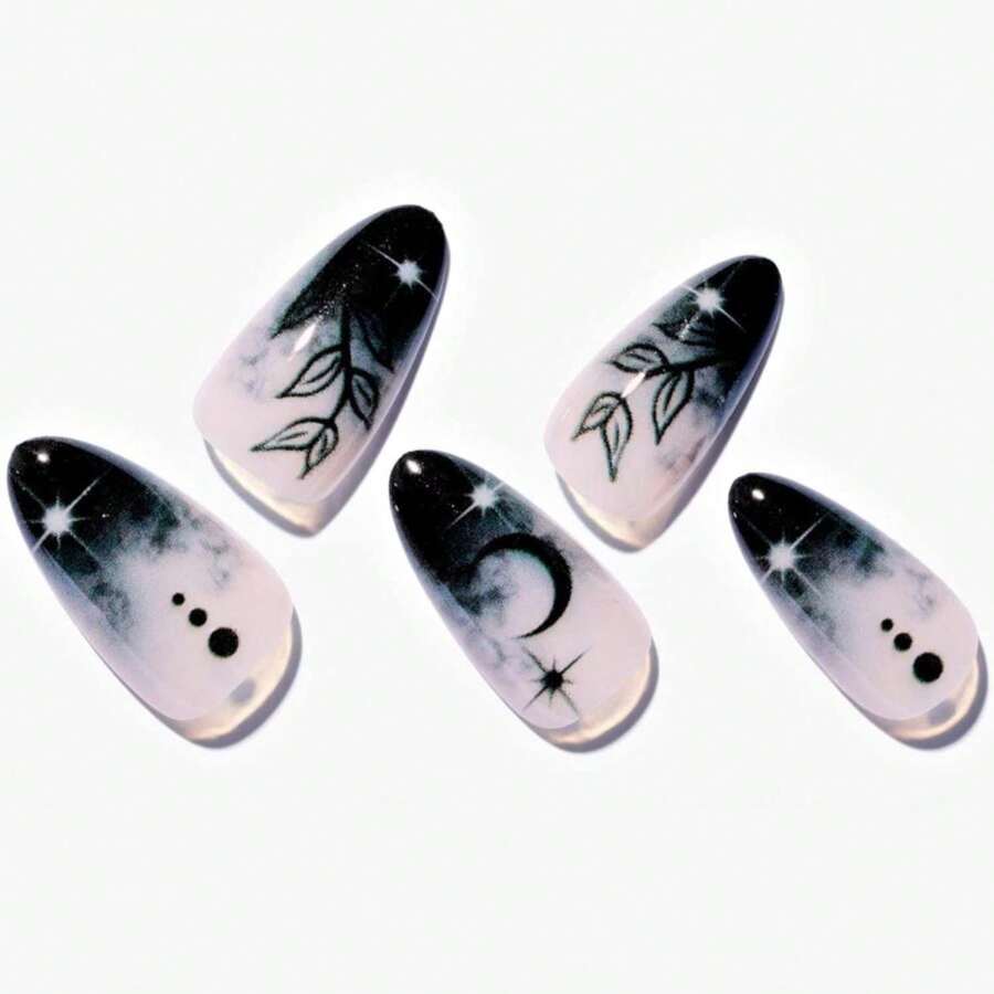 GLAMERMAID Press On Nails Medium Almond, Gothic Black Ombre French Tip Gel Glue On Nail, Glossy Short Stiletto Reusable UV Finish Fake Nails Acrylic False Nails Manicure Kits For Women - ColorA - 查看 1