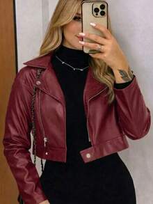 Stylish Women's Faux Leather Jacket With Zipper Details – A Modern And Versatile Piece For São João 2026 - 酒紅色 - 查看 1